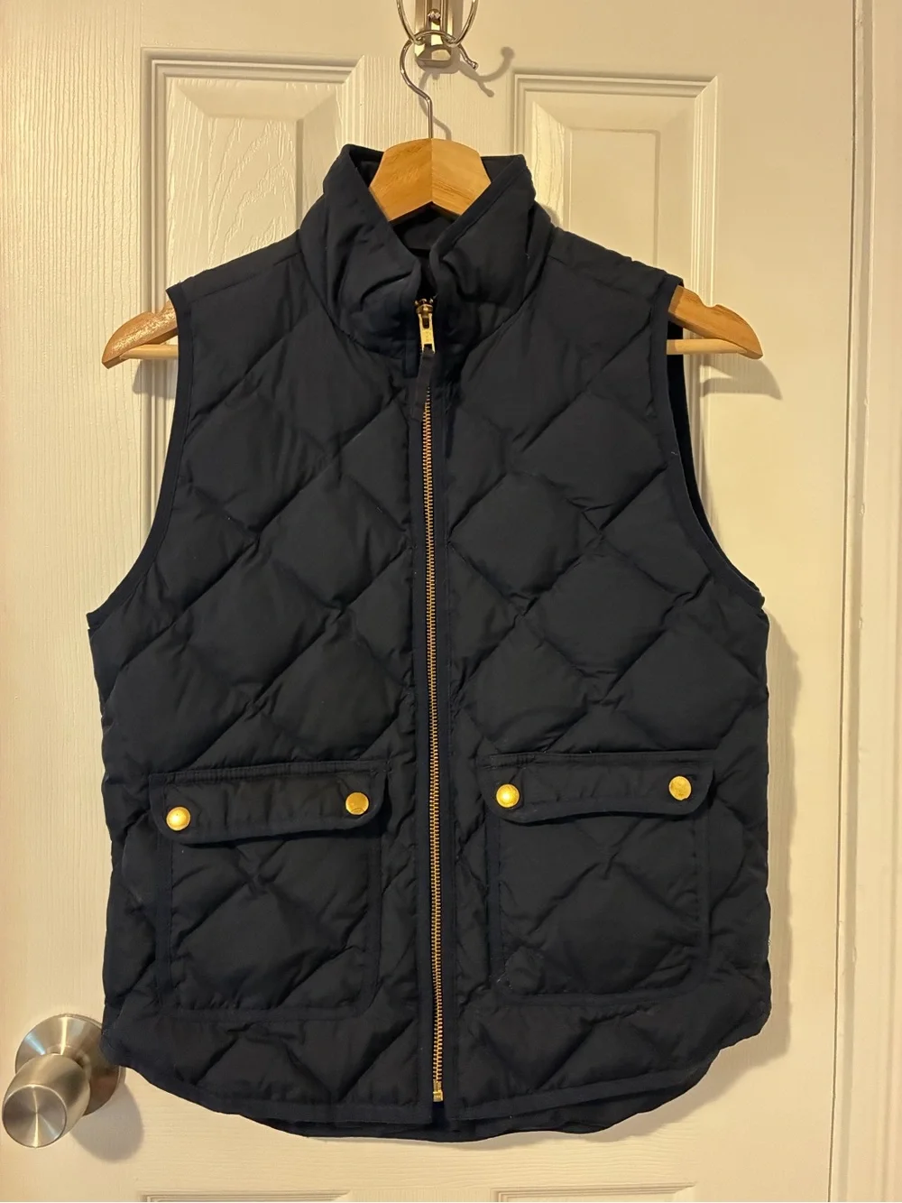 J. Crew Navy Quilted Down Puffer Jacket with Gold Zipper
